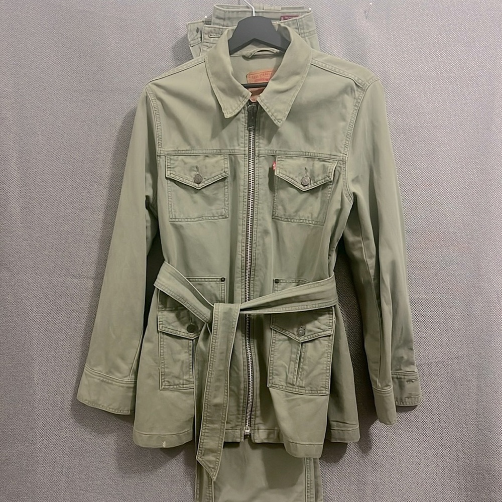 Vintage Levi green utility denim jacket for women.